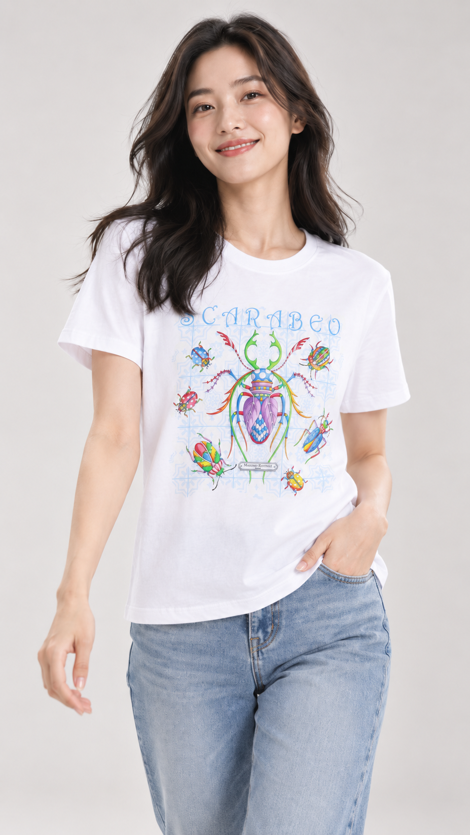 Maglietta Bianca Cotone Scarabeo Azzurro Lilla  S